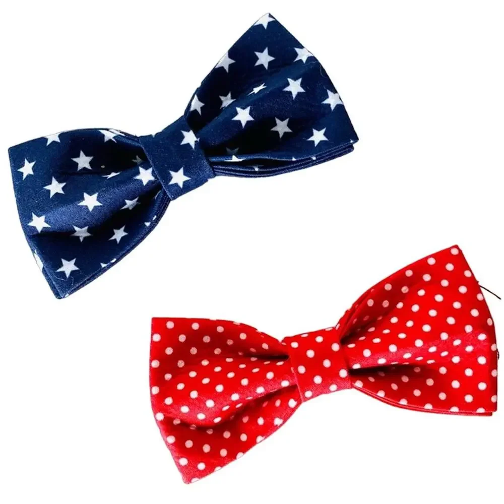 NEW HANDMADE Navy Blue Stars White Red Polka Dot Dog Cat Collar Elastic Bow Tie